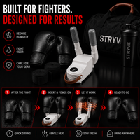 How STRYVE Gear Dryer works in 4 steps - insert gloves, power on, warm air dries them, ready to go